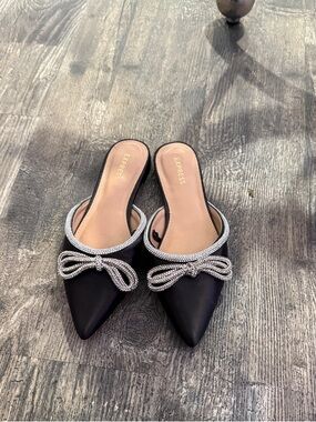 Express Black Pointed Slip-On Mules with Crystal Bow Accent